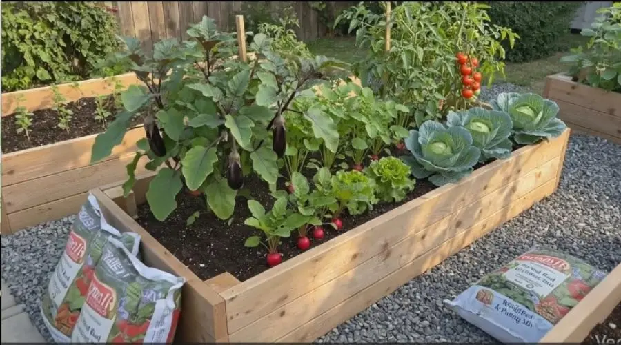 Real garden with raised beds and thriving plants